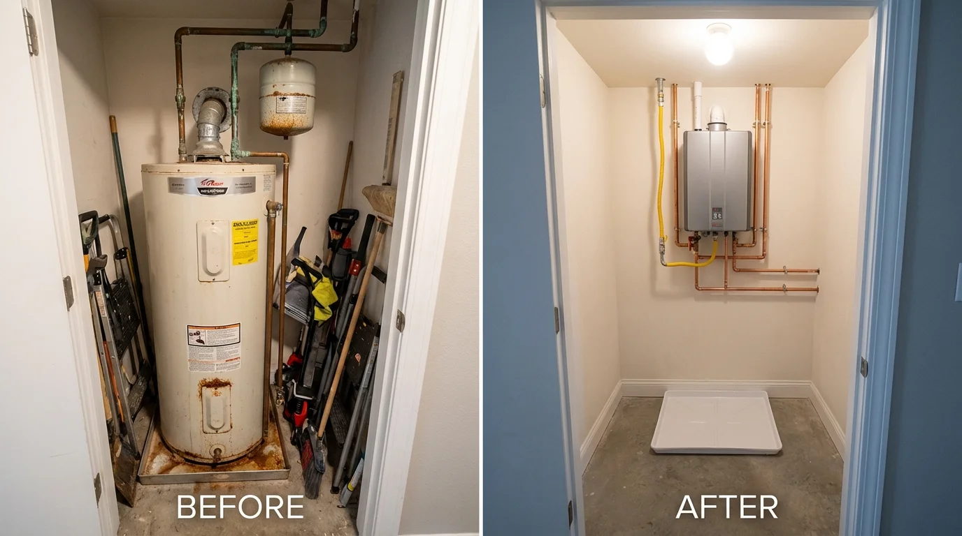 Tank water heater versus wall-mounted tankless unit comparison for Copperopolis, CA homeowners